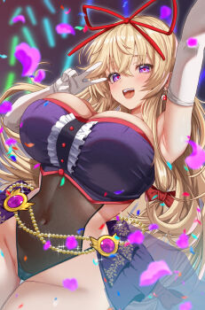 1girl :d alternate_costume arm_up armpits audience black_leotard blonde_hair blush bow breasts cameltoe center_frills chain commentary_request confetti covered_navel cowboy_shot crop_top crossed_bangs earrings ebi_193 elbow_gloves frills gloves glowstick gold_chain groin hair_between_eyes hair_bow hair_ribbon heart heart-shaped_pupils highres huge_breasts idol_clothes jewelry leotard long_hair looking_at_viewer open_mouth paid_reward_available purple_eyes purple_shirt purple_skirt red_bow red_pupils red_ribbon ribbon shirt showgirl_skirt skirt smile solo symbol-shaped_pupils teeth touhou upper_teeth_only v white_gloves yakumo_yukari yin_yang yin_yang_earrings