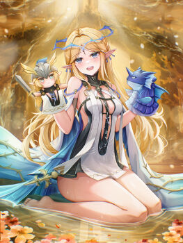 1girl bare_legs bare_shoulders barefoot black_collar black_dress blonde_hair blue_eyes blush breasts cartethyia_(wuthering_waves) collar commentary crown_of_thorns dress earrings full_body hand_puppet highres jewelry kneeling legs long_hair looking_at_viewer medium_breasts necklace open_mouth pointy_ears puppet sidelocks smile soles solo tabard tacet_mark_(wuthering_waves) thighs toes very_long_hair white_tabard wuthering_waves yuheng-art