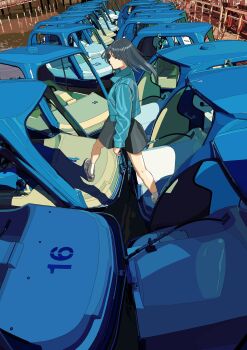 Rule 34 | 1girl, absurdres, aqua jacket, black eyes, black hair, black skirt, boat, cross-laced footwear, day, expressionless, from side, highres, jacket, medium hair, open clothes, open jacket, original, outdoors, shadow, skirt, socks, solo, standing, tanaka hirotaka, watercraft, white socks