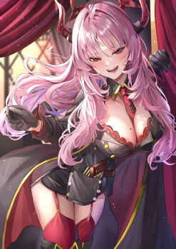 1girl :d black_coat black_dress black_gloves blue_archive blush bra bra_peek breasts buttons cleavage coat commentary cowboy_shot curtains demon_girl demon_horns double-breasted dress evil_smile eyebrows_hidden_by_hair eyelashes fang floating_hair garter_straps gloves hair_between_eyes hair_intakes halo hands_up highres horns indoors large_breasts leaning_forward long_hair long_sleeves looking_at_viewer mole mole_on_breast necktie open_clothes open_coat open_mouth pink_hair red_bra red_eyes red_garter_straps red_halo red_horns red_necktie red_thighhighs satsuki_(blue_archive) short_dress short_necktie sidelighting smile solo suidou_chaahan teeth thighhighs tsurime underwear very_long_hair