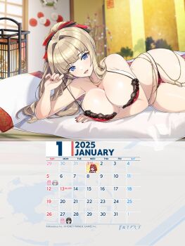 Rule 34 | 1girl, 2025, absurdres, blonde hair, blue eyes, breasts, calendar, cleavage, dolphin wave, highres, january, kirahoshi kanna, large breasts, long hair, nail polish, navel, official art