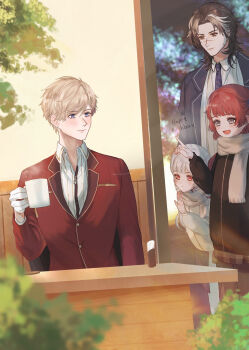 2boys 2girls absurdres black_coat black_necktie blazer blonde_hair blue_eyes blue_jacket blue_necktie blunt_bangs brown_eyes brown_hair brown_skirt bush chair character_request check_character closed_mouth coat collared_jacket collared_shirt commentary_request cousins cup desk expressionless fringe-trimmed_cape frost glass_door gloves gold_buttons grey_scarf happy_birthday high_collar highres holding holding_cup indoors jacket kohanai_setsuna lapels layered_sleeves leaning_forward light_blush loen_(shining_nikki) long_sleeves looking_at_another military_uniform miniskirt multicolored_hair multiple_boys multiple_girls necktie night nikki_(series) nostrils notched_lapels on_chair open_clothes open_jacket pinstripe_pattern pinstripe_shirt pinstripe_vest plaid_clothes plaid_skirt pointy_nose puffy_long_sleeves puffy_sleeves red_eyes red_hair red_jacket rien_(shining_nikki) scar scar_on_face scarf shining_nikki shirt short_hair sitting skirt smile sonya_(shining_nikki) streaked_hair striped_clothes striped_necktie swept_bangs vermillion_snow_(shining_nikki) vest white_coat white_gloves white_hair white_shirt white_vest winter_clothes winter_coat