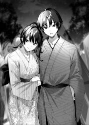 Rule 34 | 1boy, 1girl, arm hug, blurry, breasts, closed mouth, collarbone, commentary request, depth of field, floral print, floral print kimono, greyscale, head tilt, highres, hitotsuba kaede, japanese clothes, kakao (chocolate land), kimono, long hair, looking at viewer, looking to the side, monochrome, multiple others, novel illustration, official art, parted lips, ponytail, ryoushin no shakkin, second-party source, short hair, sideways glance, sky, smile, tree, yoshizumi yuya