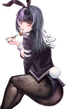 1girl absurdres alternate_costume animal_ear_hairband animal_ears ass black_hair black_jacket black_leotard black_nails black_pantyhose blunt_bangs breasts commentary english_commentary fake_animal_ears fake_tail from_behind grey_hair hairband hand_up higeji_(higeji404) highres holding holding_scissors hololive hololive_english jacket large_breasts leotard long_hair looking_at_viewer looking_back multicolored_hair nail_polish open_mouth pantyhose pinstripe_jacket pinstripe_pattern playboy_bunny rabbit_ear_hairband rabbit_ears rabbit_tail scissors shiori_novella simple_background sitting solo split-color_hair tail tongue tongue_out two-tone_hair virtual_youtuber white_wrist_cuffs wrist_cuffs yellow_eyes