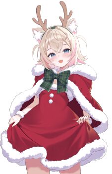 absurdres alternate_costume animal_ear_fluff animal_ears antlers blue_eyes clothes_lift dog_ears dog_girl dress dress_lift fake_antlers fur-trimmed_dress fur_trim highres hololive hololive_english horns lifting_own_clothes looking_at_viewer medium_hair mococo_abyssgard multicolored_hair pink_streaks pom_pom_(clothes) red_dress reindeer_antlers ri_nyahn santa_costume santa_dress solo streaked_hair virtual_youtuber