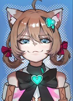 1girl ahoge animal_ears bare_shoulders black_bow black_bowtie blue_eyes bow bowtie cat_ears cat_girl closed_mouth commentary dress english_commentary hair_between_eyes hair_ornament hair_ribbon hair_rings heart heart_hair_ornament mandradox neuro-sama pink_dress red_ribbon ribbon short_hair smile solo upper_body vedal_ai virtual_youtuber