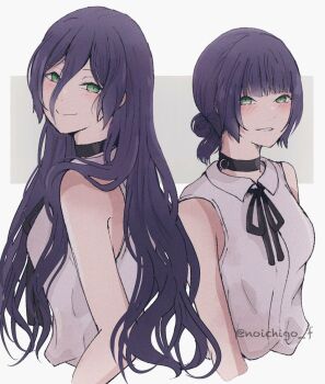 1girl alternate_hair_length alternate_hairstyle black_choker black_ribbon chainsaw_man choker closed_mouth green_eyes grey_shirt hair_between_eyes hair_bun highres long_hair looking_at_viewer neck_ribbon noichigo_f reze_(chainsaw_man) ribbon shirt sleeveless sleeveless_shirt smile twitter_username