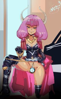 1girl aura_(sousou_no_frieren) aura_bullying_(meme) balance_scale black_gloves braid clothing_cutout convenient_censoring demon_girl demon_horns elbow_gloves gloves gold_necklace highres holding_scale horns jewelry long_hair looking_at_viewer low-braided_long_hair low-tied_long_hair mellow_mango meme multiple_braids navel_cutout necklace no_panties pan_piano pink_hair purple_hair quad_braids smile solo sousou_no_frieren weighing_scale