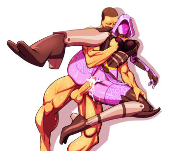 1boy 1girl breasts colored_skin commander_shepard cum cum_in_pussy groove1121 held_up helmet hood mask mass_effect_(series) muscular nude original penis pink_skin pussy quarian sex tali&#039;zorah vaginal