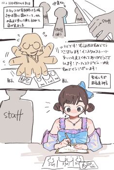 2girls 4others animification artist_self-insert bare_shoulders blue_bow bow brown_hair collarbone commentary_request date_sayuri detached_sleeves double_bun dress flying_sweatdrops frilled_dress frills glasses hair_bow hair_bun heart heart_necklace highres holding holding_marker jewelry kawa_(chuan_kawa_) marker multiple_girls multiple_others necklace purple_dress real_life round_eyewear shikishi_(object) short_hair signing sleeveless sleeveless_dress translation_request voice_actor white_sleeves