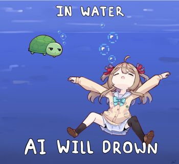 1girl ahoge aqua_bow aqua_bowtie asphyxiation asymmetrical_legwear black_shorts black_socks black_thighhighs blue_sailor_collar bow bowtie brown_hair brown_shoes cardigan closed_mouth commentary drowning english_commentary full_body hair_between_eyes hair_ribbon highres long_hair long_sleeves meme minecraft neuro-sama open_mouth red_ribbon ribbon sailor_collar shoes shorts single_sock single_thighhigh socks thighhighs turtle two_side_up ukichan22905846 underwater uneven_legwear vedal987 vedal_ai virtual_youtuber yellow_cardigan