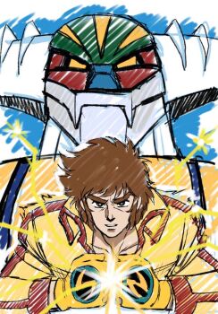 1970s_(style) black_eyes jewelry koutetsu_jeeg koutetsu_jeeg_(mecha) mature_male mecha medium_hair necklace oldschool retro_artstyle robot sabachiyo_land shiba_hiroshi tall_male