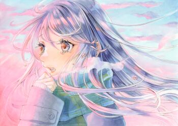 1girl absurdres blue_sky commentary dai_dai_da day english_commentary eyelashes floating_hair from_side grey_eyes grey_hair hand_up highres layered_sleeves long_hair long_sleeves marker_(medium) morning open_mouth original outdoors pink_clouds plaid_clothes plaid_scarf portrait scarf sky solo tears traditional_media wind