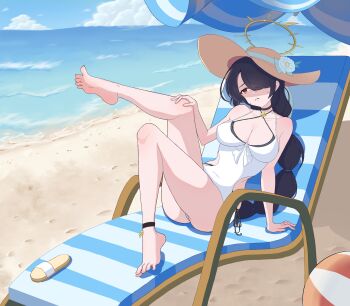 0_sanf 1girl barefoot beach black_hair blue_archive chair feet hair_over_one_eye hand_on_own_knee hat highres hinata_(blue_archive) hinata_(swimsuit)_(blue_archive) long_hair lounge_chair parasol parted_lips red_eyes shoes single_shoe soles sun_hat toes umbrella unworn_shoes