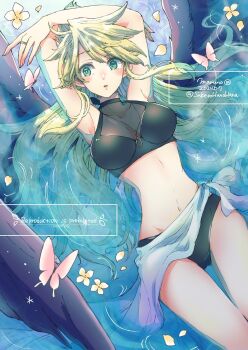 1girl armpits arms_up bikini bird_wings black_bikini black_wings blonde_hair blue_eyes blush breath_of_fire breath_of_fire_ii commentary_request highres jewelry long_hair looking_at_viewer lying maruno midriff nina_(breath_of_fire_ii) on_back partially_submerged ring solo swimsuit twitter_username water wings