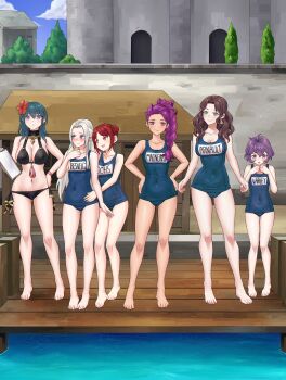 6+girls absurdres alternate_costume arm_on_another&#039;s_shoulder bernadetta_von_varley bikini black_bikini blue_one-piece_swimsuit braid breasts brown_hair cleavage closed_mouth dorothea_arnault earrings edelgard_von_hresvelg female_byleth_(fire_emblem) female_byleth_(summer)_(fire_emblem) fire_emblem fire_emblem:_three_houses fire_emblem_heroes flower gluteal_fold green_eyes green_hair hair_bun hair_flower hair_ornament hand_on_another&#039;s_hip hands_on_own_chest hands_on_own_hips highres holding_binder jewelry large_breasts long_hair looking_at_another looking_at_viewer looking_down looking_to_the_side matching_outfits medium_breasts monica_von_ochs multiple_girls name_tag nintendo official_alternate_costume old_school_swimsuit one-piece_swimsuit open_mouth outdoors petra_macneary ponytail pool poolside purple_eyes purple_hair red_eyes red_hair redkite333 school_swimsuit short_hair sideboob small_breasts smile stretching swimsuit very_long_hair white_hair