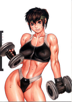 1girl abs biceps black_gloves breasts brown_eyes brown_hair covered_erect_nipples daimon_akiko dual_wielding dumbbell exercising female_focus fingerless_gloves gloves groin headband highleg hip_focus holding impossible_clothes large_breasts leaning lips lipstick looking_at_viewer makeup midriff muscular muscular_female navel official_art scan short_hair simple_background skin_tight smile solo spandex sports_bra standing sweat taisen_hot_gimmick taisen_hot_gimmick_4ever thighs toned traditional_media tsukasa_jun weightlifting weights wide_hips