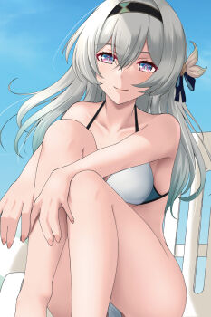 1girl absurdres bare_arms bikini black_hairband blue_sky blush chair closed_mouth collarbone comiket_107 commentary_request day firefly_(honkai:_star_rail) grey_hair hair_between_eyes hair_ornament hairband highres honkai:_star_rail honkai_(series) knees_up long_hair looking_at_viewer oryou_gunsou outdoors purple_eyes sidelocks sitting sky smile solo swimsuit thighs white_bikini