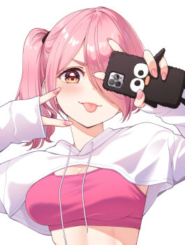 1girl breasts brown_eyes cellphone cleavage closed_mouth commentary_request cover cover_page drawstring eyebrows_hidden_by_hair fingernails hair_over_one_eye hands_up highres holding holding_phone idol_x_idol_story! large_breasts long_bangs long_sleeves looking_at_viewer manga_cover medium_hair nail_polish official_art parted_bangs phone pink_hair pink_nails pink_sports_bra shrug_(clothing) side_ponytail simple_background sleeves_past_wrists smartphone solo sports_bra todoroki_urara tokunou_shoutarou tongue tongue_out upper_body white_background white_shrug