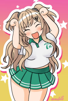 1girl brown_eyes caramelldansen collared_shirt commentary_request dress_shirt facing_viewer green_skirt hair_ornament hairclip highres kantai_collection long_hair minneapolis_(kancolle) minneapolis_(tennis)_(kancolle) nawohata official_alternate_costume pleated_skirt rabbit_pose shirt skirt smile solo thigh_gap two_side_up white_shirt