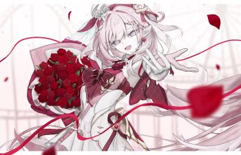 1girl beret breasts commentary_request diamond-shaped_pupils diamond_(shape) dress earrings elf elysia_(hi_love_elf)_(honkai_impact) elysia_(honkai_impact) falling_petals flower gloves hat heart heart_earrings highres honkai_(series) honkai_impact_3rd jewelry large_breasts long_hair looking_at_viewer open_mouth petals pink_hair pointy_ears reaching reaching_towards_viewer red_dress red_flower red_petals red_rose rose solo symbol-shaped_pupils two-tone_dress une_xx upper_body very_long_hair white_dress white_gloves