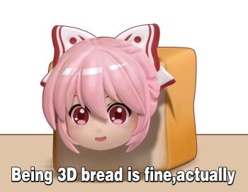 1girl 3d :d blush bow bread chinese_commentary commentary_request english_text female_focus food fujiwara_no_mokou hair_between_eyes hair_bow i_don&#039;t_want_to_be_bread_(meme) jokanhiyou looking_at_viewer meme open_mouth pink_hair red_eyes shadow short_hair simple_background smile solo touhou white_background white_bow