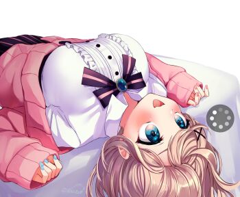 1girl aqua_nails blue_eyes blue_gem blush breasts brown_hair cardigan center_frills collared_shirt commentary_request festa11307070 fingernails frilled_shirt frills gem hair_ornament hairclip highres large_breasts loading_icon long_hair long_sleeves lying nail_polish nijisanji on_back open_mouth pink_cardigan pink_nails pink_ribbon purple_ribbon purple_skirt ribbon shirt signature skirt sleeves_past_wrists smile solo striped_clothes striped_ribbon striped_skirt suzuhara_lulu suzuhara_lulu_(1st_costume) two-tone_ribbon vertical-striped_clothes vertical-striped_skirt virtual_youtuber white_background white_shirt