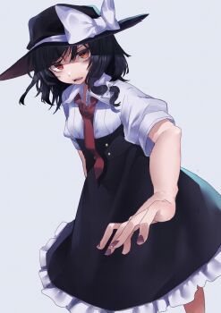 1girl absurdres alternate_eye_color black_hat black_skirt bow collar frills hair_bow hat hat_bow highres muraryo nail_polish necktie open_mouth purple_nails shirt short_hair short_sleeves simple_background skirt sleeve_cuffs solo touhou usami_renko white_background white_bow white_collar white_shirt