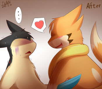 ... 2015 artist_name blush buizel dated floatzel gen_2_pokemon heart highres ivan_(ffxazq) no_humans open_mouth pokemon pokemon_(creature) role_reversal smile spoken_heart trembling typhlosion