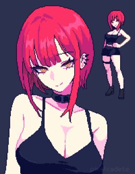 1girl alternate_costume artist_name black_background black_choker black_skirt black_tank_top breasts chainsaw_man choker choppy_bangs cleavage closed_mouth commentary ear_piercing hashtag-only_commentary highres large_breasts looking_at_viewer makima_(chainsaw_man) miniskirt multiple_views piercing pixel_art pixelcadete red_hair ringed_eyes short_hair sidelocks simple_background skirt smile tank_top thigh_strap upper_body yellow_eyes