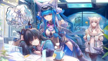 3girls ? ahoge arknights arknights:_endfield bare_shoulders black_gloves black_hair black_pantyhose blue_eyes blue_gloves blue_hair blunt_bangs breasts chen_qianyu_(arknights) closed_mouth clothing_cutout coffee_mug commentary csyday cup dragon_girl dragon_horns dreaming dress elbow_gloves english_commentary gloves hat highres hip_vent holding holding_cup horns jacket last_rite_(arknights) long_hair medium_breasts mug multicolored_eyes multiple_girls open_clothes open_jacket pantyhose parted_lips perlica_(arknights) pointy_ears red_eyes sleeping smile tail white_dress white_hair white_jacket zzz