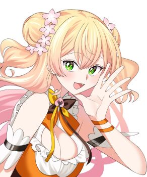 1girl arm_garter bell blonde_hair bow bowtie breasts brown_bow brown_bowtie cleavage cleavage_cutout clothing_cutout crossed_bangs double_bun fang flower frilled_shirt frills gradient_hair green_eyes hair_bun hair_flower hair_ornament hashtag-only_commentary hololive jingle_bell large_breasts long_hair looking_at_viewer looking_to_the_side momosuzu_nene momosuzu_nene_(1st_costume) multicolored_bow multicolored_hair neck_bell open_mouth orange_bow orange_bowtie orange_shirt peach_ornament pink_flower pink_hair shirt sidelocks simple_background sleeveless sleeveless_shirt smile solo two_side_up upper_body uuoftn virtual_youtuber waving white_background yellow_bow yellow_bowtie