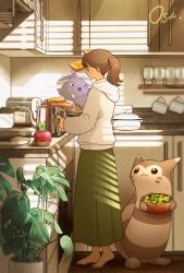 1girl animated barefoot bread bread_slice brown_hair coffee_pot cup cupboard dedenne espurr food from_side gen_2_pokemon gen_6_pokemon kitchen long_skirt mug nintendo oshiruko_(oshiruko_s2) plant plate pokemon ponytail potted_plant salad sentret short_hair skirt slice_of_life standing telekinesis toast toaster toes video window_shadow