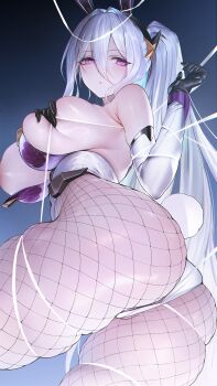 1girl absurdres animal_ears aqua_pupils areola_slip ass azur_lane bound breasts commentary_request fake_animal_ears fake_tail fishnet_pantyhose fishnets from_below from_side gloves hair_between_eyes hand_on_own_chest hand_up highleg highleg_leotard highres kearsarge_(all_night_charge)_(azur_lane) kearsarge_(azur_lane) leotard long_hair long_hair_between_eyes looking_at_viewer looking_back multicolored_gloves multicolored_leotard official_alternate_costume out-of-frame_censoring pantyhose persimmonszzz playboy_bunny purple_leotard sideboob strapless strapless_leotard string tail thong_leotard tied_up_(nonsexual) two-tone_gloves two-tone_leotard undersized_breast_cup white_hair white_leotard