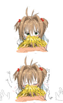 age_difference blush brown_hair cardcaptor_sakura cheerleader closed_eyes clothed_female_nude_male fellatio hair_bobbles hair_ornament highres implied_fellatio kinomoto_sakura kissing_penis kokaki_mumose loli looking_up nude oral pom_pom_(cheerleading) pov pubic_hair short_hair trembling white_background