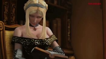 1girl 3d animated animated_gif annette_(castlevania) bare_legs bare_shoulders blonde_hair book braid breasts castlevania_(series) chair cleavage clock company_name cr_pachinko_akumajou_dracula dress elbow_gloves female_focus gloves grandfather_clock jewelry large_breasts legs no_bra open_book pendant reading short_hair sidelocks sitting solo takasago_(company)