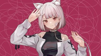 1girl animal_ear_fluff animal_ears bare_shoulders belt_collar black_shirt cat_ears collar commentary_request commission gauze gauze_on_cheek grey_hair highres indie_virtual_youtuber jacket leash long_sleeves looking_at_viewer medium_hair off-shoulder_jacket off_shoulder oyasumi_ramu_(vtuber) pink_eyes shirt sleeveless sleeveless_shirt smile solo unacha upper_body virtual_youtuber white_jacket