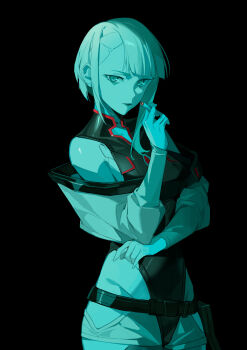 1girl absurdres bigroll black_leotard breasts cigarette closed_mouth commentary cyberpunk:_edgerunners cyberpunk_(series) english_commentary green_theme highres holding holding_cigarette jacket leotard lips long_hair long_sleeves looking_at_viewer lucy_(cyberpunk) medium_breasts no_i&#039;m_not_a_human off_shoulder open_clothes open_jacket outdoors pants short_shorts shorts solo standing