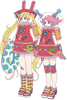 Rule 34 | 2girls, arms at sides, azuma kiyohiko, bandaid, bandaid on knee, bandaid on leg, blue eyes, boots, expressionless, full body, gloves, innertube, knee brace, long hair, multiple girls, official art, pink gloves, pink hair, red eyes, reset (wonder festival), robot costume, shoes, short hair, simple background, sneakers, swim ring, wanda (wonder festival), white background, wonder festival