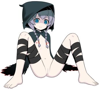 1girl ami_(ammy33) anus barefoot black_cloak blue_eyes braid censored cleft_of_venus cloak curse_maker curse_maker_2 etrian_odyssey feet female_focus flat_chest hood hood_up leg_strap loli long_hair looking_at_viewer navel nipples nude purple_hair pussy sitting solo spread_legs thigh_strap toes twin_braids white_background