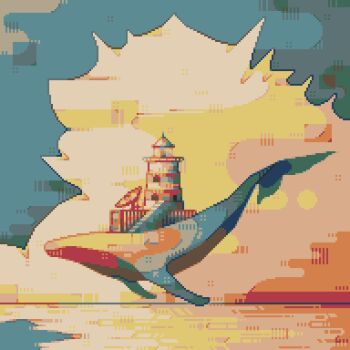 Rule 34 | cloud, cloudy sky, day, fantasy, floating, highres, horizon, lighthouse, no humans, original, outdoors, pixel art, reflection, reflective liquid, satellite dish, saturated, scenery, sky, ventiquepxl, whale