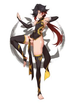 1boy absurdres black_dress black_hair black_thighhighs bridal_gauntlets commentary_request crossdressing dragon_print dress erection fighting_stance grin highres leg_up long_hair low_ponytail male_focus morinosuke multicolored_hair original pelvic_curtain penis ponytail red_eyes red_hair side_slit simple_background smile solo stirrup_legwear testicles thighhighs toeless_legwear trap two-tone_hair uncensored white_background