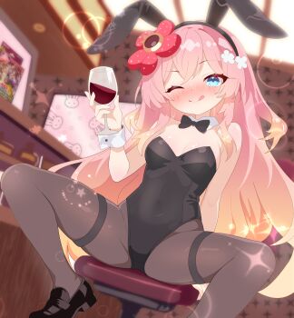 Rule 34 | 1girl, :q, absurdres, alcohol, animal ears, arm behind back, arm up, bar (place), bare shoulders, black bow, black bowtie, black leotard, black pantyhose, black shoes, blue eyes, blush, bow, bowtie, breasts, collar, commentary request, cup, detached collar, drinking glass, duel monster, elite yokan, fake animal ears, flower, hair flower, hair ornament, highres, indoors, leotard, long hair, looking at viewer, pantyhose, pink hair, playboy bunny, rabbit ears, shoes, sitting, small breasts, smile, solo, spread legs, stool, strapless, strapless leotard, thigh strap, thighs, tongue, tongue out, traptrix rafflesia, white collar, wine, wine glass, wrist cuffs, yu-gi-oh!