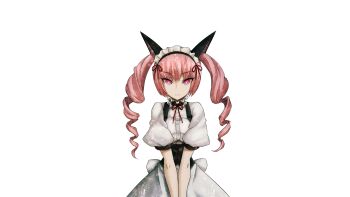 1girl :3 akiha_rumiho animal_ear_hairband animal_ears apron back_bow belt_around_waist belt_buckle bow breasts buckle buttons cat_ears closed_mouth collar dress drill_hair fake_animal_ears frilled_collar frilled_dress frilled_hairband frills game_cg hair_between_eyes hairband highres huke long_hair looking_at_viewer maid maid_apron maid_headdress mayqueen_maid_uniform non-web_source official_art pink_hair pink_lips puffy_short_sleeves puffy_sleeves red_ribbon ribbon ribbon-trimmed_collar ribbon-trimmed_corset ribbon-trimmed_hairband ribbon-trimmed_sleeves ribbon_trim ringed_eyes science_adventure short_sleeves small_breasts smile solo sprite square_pupils steins;gate tsurime twin_drills twintails v_arms white_apron white_bow white_dress