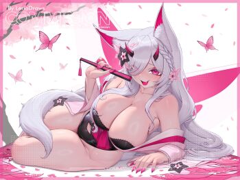 1girl animal_ears armpits bare_shoulders black_bra bra breasts bug butterfly butterfly_wings character_request cherry_blossoms commission eyes_visible_through_hair falling_petals fangs fingernails flower flower_on_head grey_hair hand_fan hanging_breasts horns huge_breasts insect insect_wings japanese_clothes kimono lerio_(leriodraws) long_hair petals pink_hair sharp_fingernails tail tree underwear vgen_commission virtual_youtuber wings