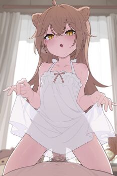 1boy 1girl ahoge animal_ears blush breasts brown_hair clothed_female_nude_male clothes_lift collarbone cowgirl_position dress dress_lift erection girl_on_top hair_between_eyes hetero implied_sex indie_virtual_youtuber indoors kakure_eria lifting_own_clothes lion_ears lion_girl lion_tail loli looking_at_viewer nude open_mouth penis pov rurudo_lion rurudo_lion_(1st_costume) see-through_clothes see-through_dress sex sleeveless sleeveless_dress small_breasts solo_focus straddling sundress tail thighs vaginal virtual_youtuber white_dress yellow_eyes