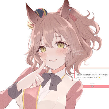 Rule 34 | 1girl, animal ears, aston machan (flare) (umamusume), aston machan (umamusume), black bow, blush, bow, bowtie, breasts, brown hair, closed mouth, collared shirt, crown, green eyes, hair between eyes, hair ornament, hair scrunchie, hanasaka (9769z), highres, horse ears, horse girl, long sleeves, looking at viewer, marshmallow (site), medium breasts, medium hair, mini crown, ponytail, red sash, red scrunchie, red sleeves, sash, scrunchie, shirt, shoulder sash, simple background, smile, solo, tilted headwear, umamusume, upper body, white shirt