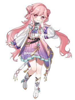 Rule 34 | 1girl, angelos, bad source, boots, chinese clothes, cross-shaped pupils, double bun, flower, full body, grin, hair bun, hair flower, hair ornament, hand up, highres, jacket, long hair, long sleeves, looking at viewer, original, pink eyes, pink hair, puffy long sleeves, puffy sleeves, see-through clothes, see-through sleeves, shuangyaji, simple background, skirt, smile, solo, symbol-shaped pupils, tassel, twintails, very long hair, watermark, white background, white jacket, yaopei, yunjian