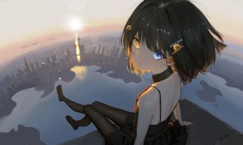 1girl absurdres backlighting bare_shoulders black_dress black_hair black_pantyhose blue_eyes cityscape dress hair_ornament heterochromia highres looking_at_viewer looking_back medium_hair no_shoes original pantyhose sitting symbol-shaped_pupils yellow_eyes zaijian_l