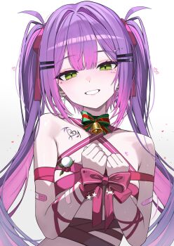 1girl :d bell bound bound_wrists bow bowtie breasts center-flap_bangs colored_inner_hair commentary cross cross_earrings demon_girl double-parted_bangs ear_piercing earrings english_commentary green_bow green_bowtie green_eyes grin hair_ornament hairclip hololive jewelry kkato long_hair looking_at_viewer multicolored_hair naked_ribbon neck_bell open_mouth parallel_hairclips piercing pink_hair pointy_ears purple_hair ribbon simple_background small_breasts smile solo streaked_hair tokoyami_towa twintails upper_body virtual_youtuber white_background